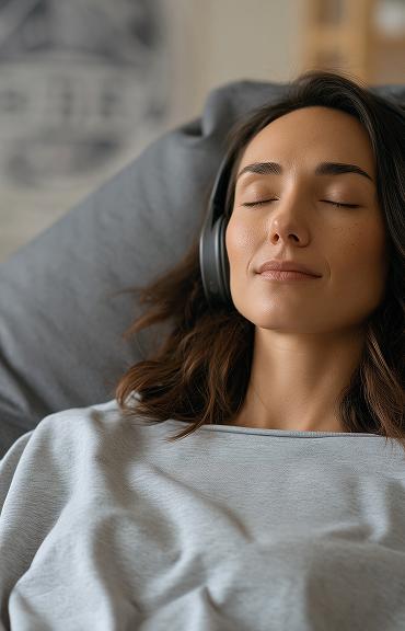 A woman with eyes closed wearing headphones during a calm EMDR therapy session